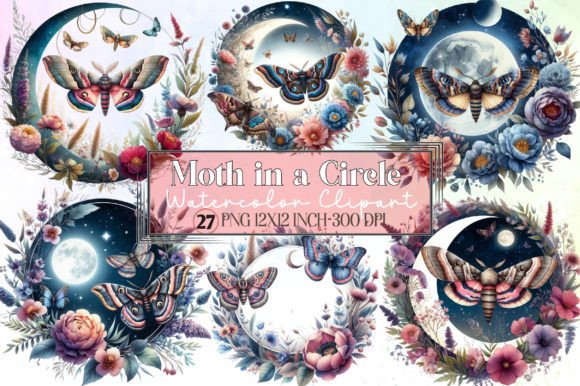 Download Watercolor Moth in a Circle Clipart - Moth Collection